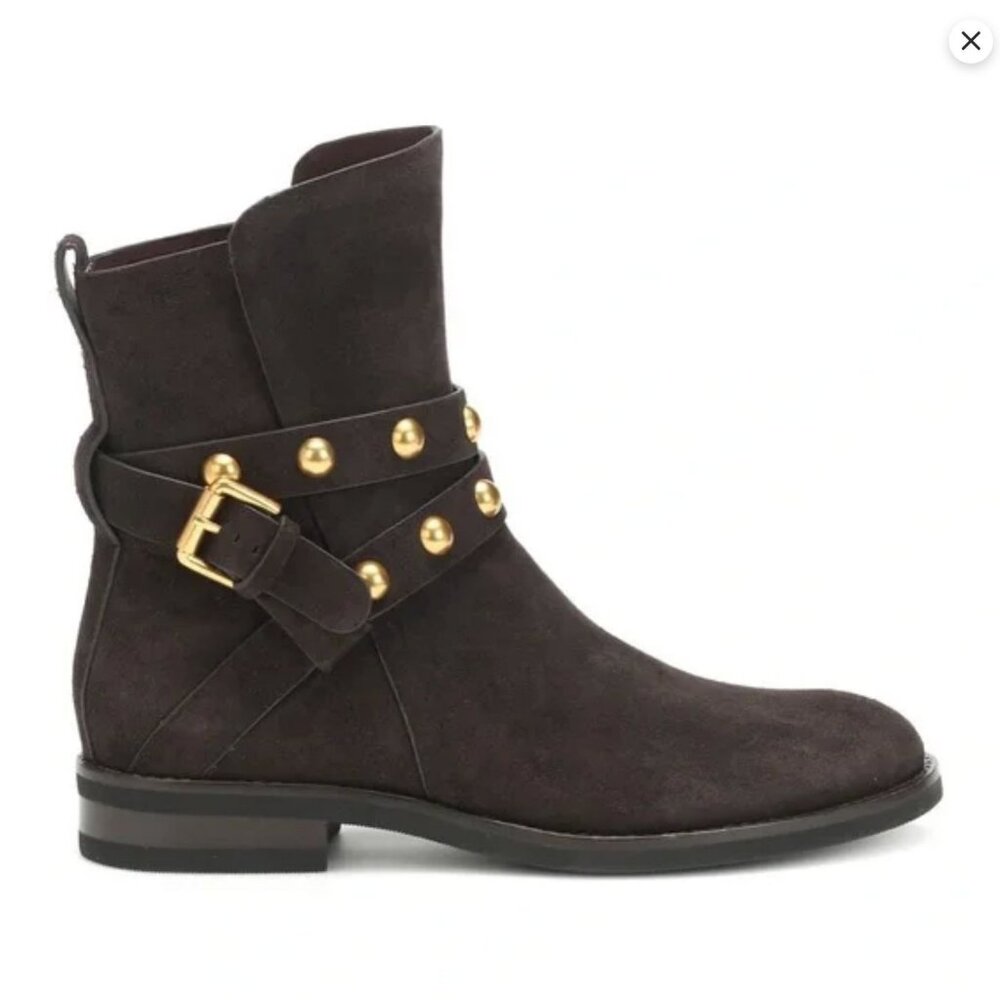 SEE BY CHLOE Janis Harness Moto Boots Flat Gold Stud Wrap Strap Suede Taupe Gray